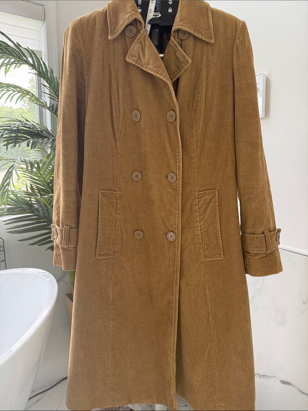 Y2K GAP Double-Breasted Corduroy Trench Coat in Camel Brown